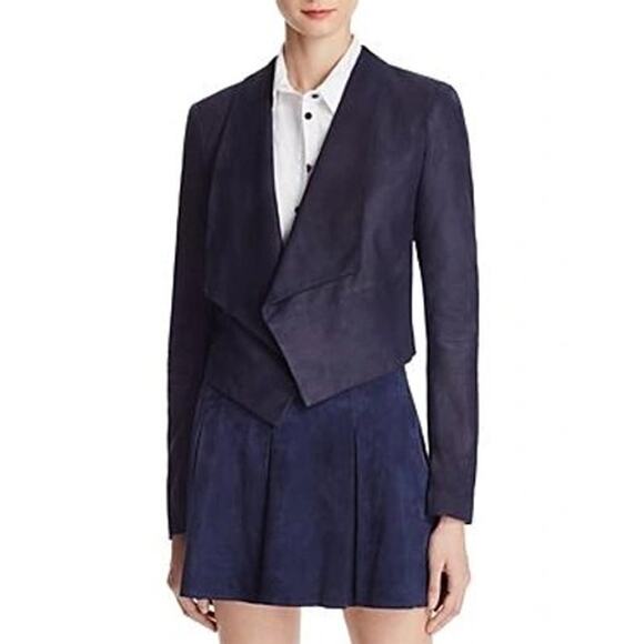 Alice + Olivia Womens Blazer Cropped Suede Panel Long Sleeve Flat Collar Navy S